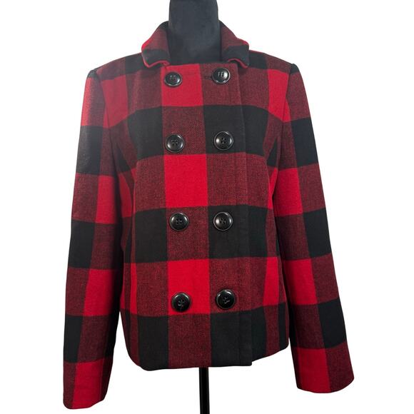 Charter Club Red Black Wool Plaid Peacoat Jacket Women’s Large Shoulder Pads - Picture 8 of 9